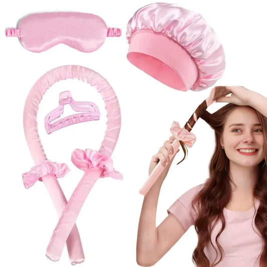 Silk Heatless Hair Curler Set Sleep Bonnet Eye Mask No Heat Curls Overnight Hair Roller Soft Satin Sleeping Hair Styling Tool