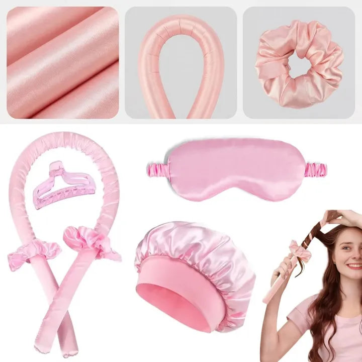 Silk Heatless Hair Curler Set Sleep Bonnet Eye Mask No Heat Curls Overnight Hair Roller Soft Satin Sleeping Hair Styling Tool