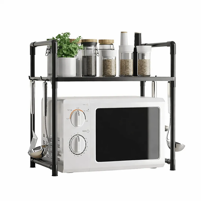 Microwave Oven Storage Rack 2-Tier Kitchen Organizer | Space-Saving Carbon Steel Shelf For Countertop And Utensils